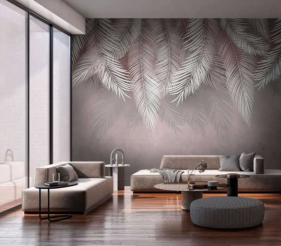 Murales de pared Las nuevas hojas de palma tropical son de color blanco y rosa. u94358 murales de pared Las nuevas hojas de palma tropical son de color blanco y rosa. u94358