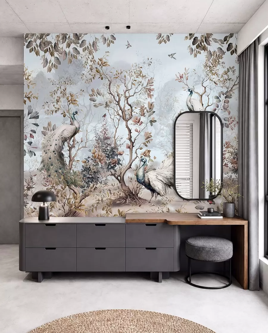 murales de pared Chinoiserie estilo chino plantas y pavos reales u94849