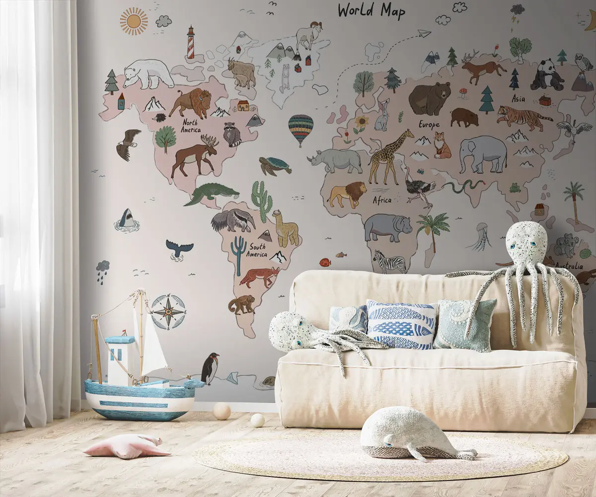 murales de pared Mapa infantil del mundo con animales. u95028