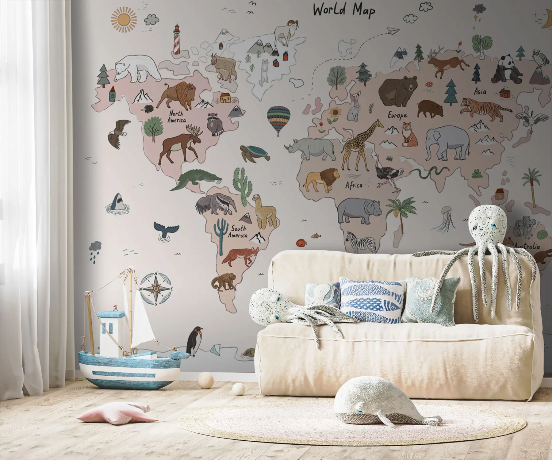 murales de pared Mapa infantil del mundo con animales. u95028