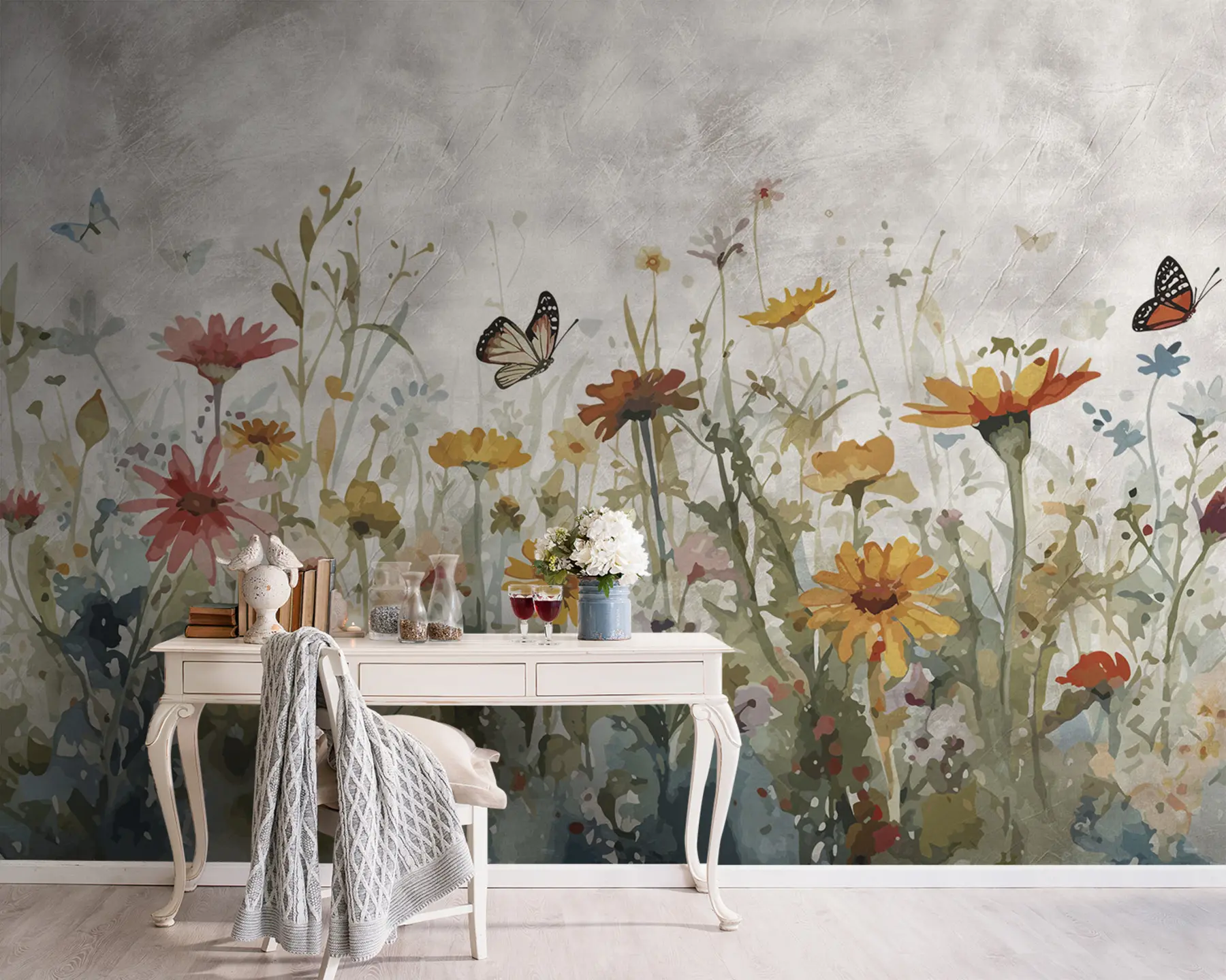 murales de pared Acuarela flores silvestres y mariposas u95406