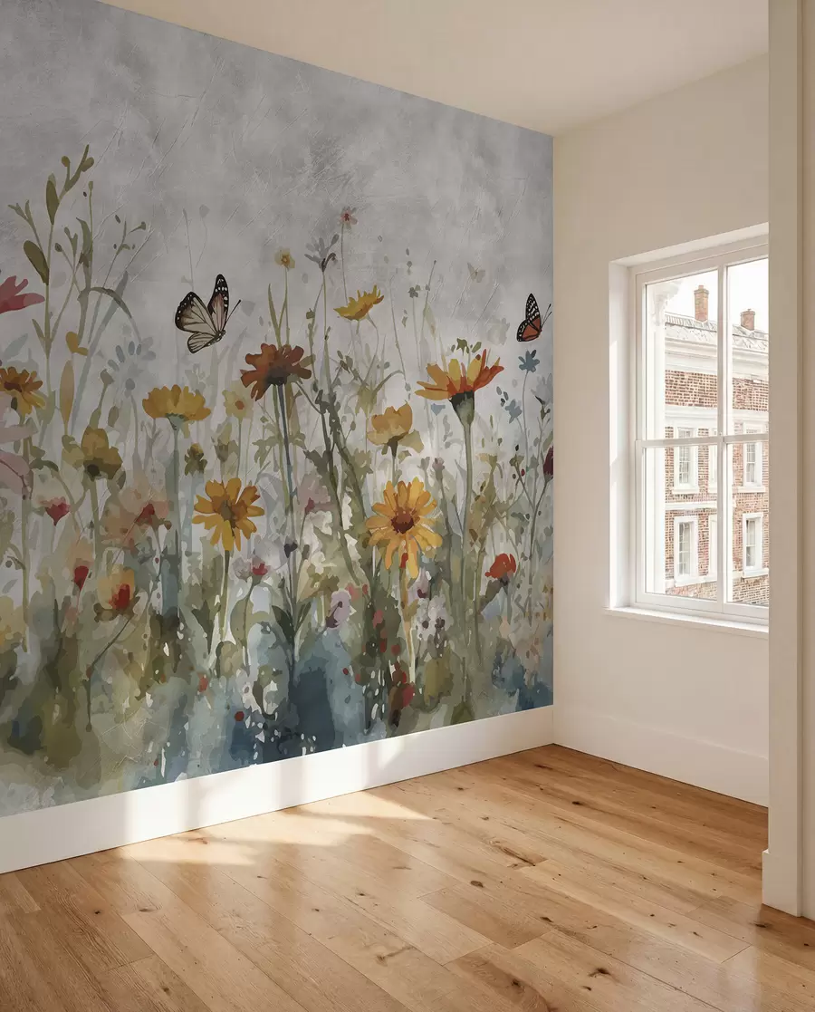 murales de pared Acuarela flores silvestres y mariposas u95406