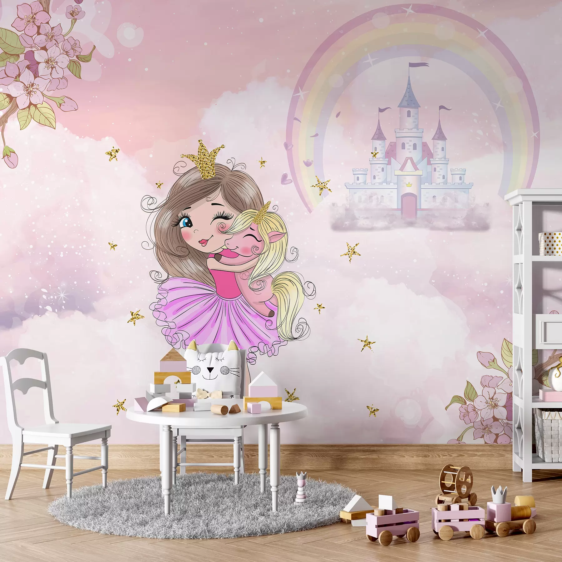 murales de pared Princesa y unicornio en el fondo del castillo con un arco iris u95401