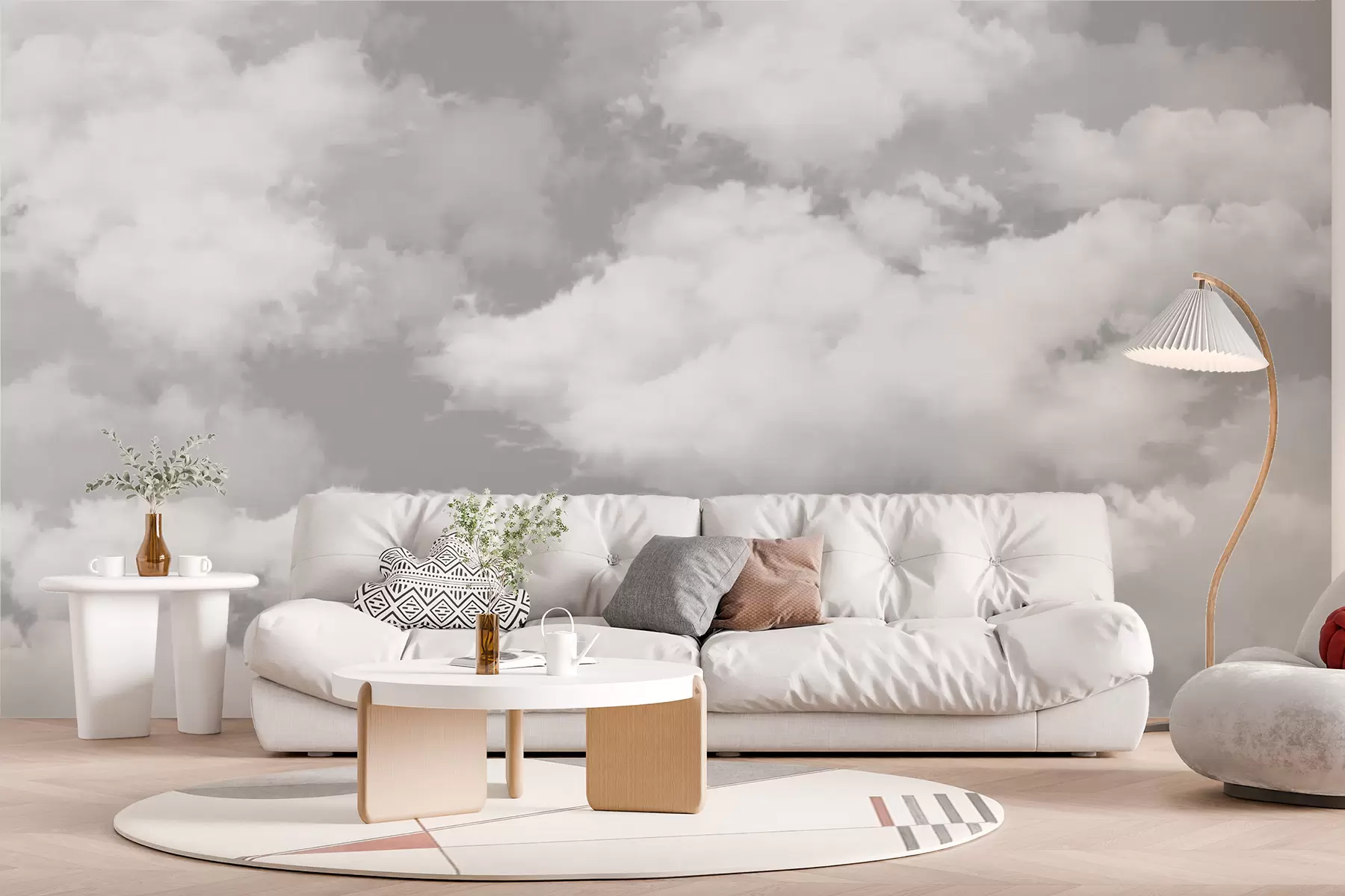 murales de pared Las nubes blancas sobre un cielo gris son una nueva tendencia en el interior u94178