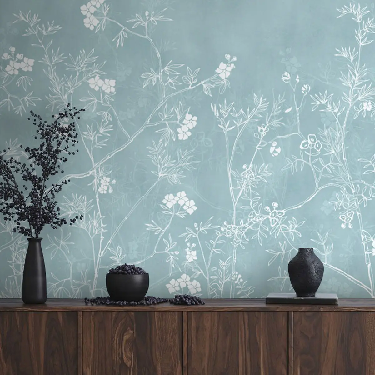 murales de pared Los árboles blancos frágiles al estilo de chinoiserie son una nueva tendencia en el interior. u95796