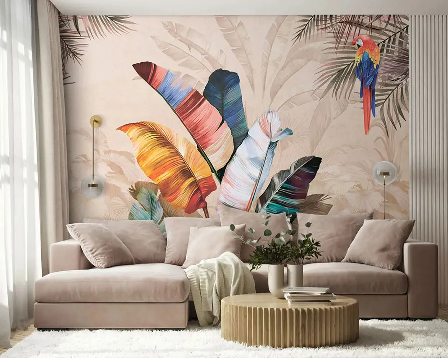 Murales de pared Hojas de palma coloridas con pájaro loro tropical u95050 murales de pared Hojas de palma coloridas con pájaro loro tropical u95050