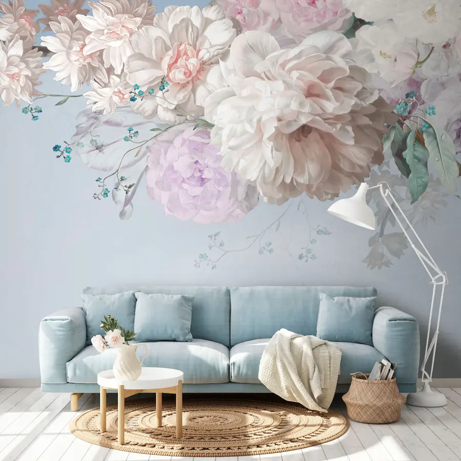 murales de pared Grandes flores exuberantes, peonías blancas sobre un fondo azul. u95437