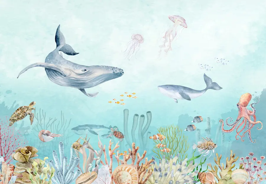murales de pared Universo marino, grandes ballenas, peces y tortugas u95446