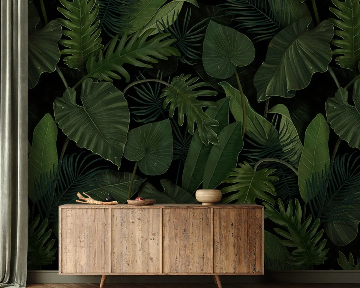 murales de pared Patrón con palma verde tropical, taro, hojas de plátano u95470
