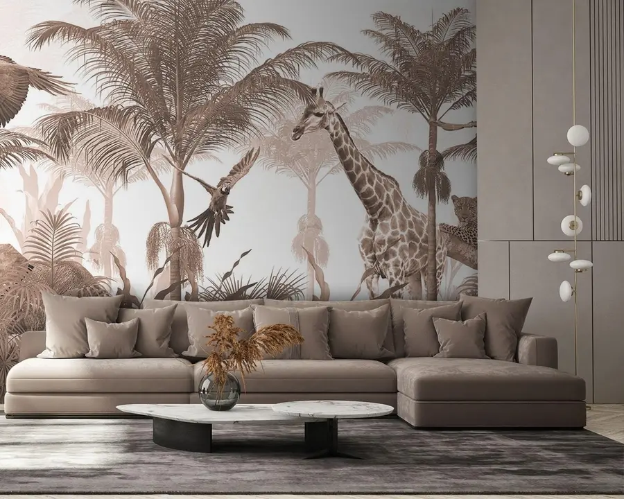 murales de pared Diseño de papel tapiz de árboles tropicales con animales u95906