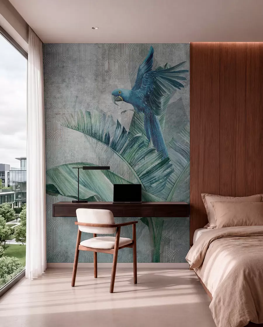 murales de pared Gran loro azul en árbol de plátano con textura de hormigón grunge u95432