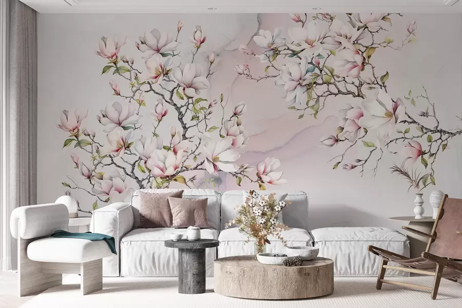 murales de pared Árboles de magnolia florecientes sobre un fondo de mármol u96114