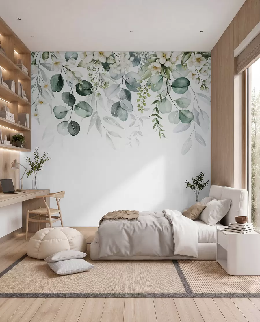 murales de pared Ilustración con hojas verdes, flores blancas, peonía y ramas u96063