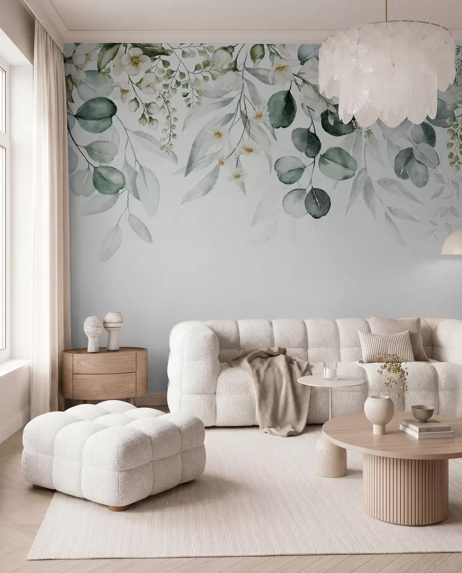murales de pared Ilustración con hojas verdes, flores blancas, peonía y ramas u96063
