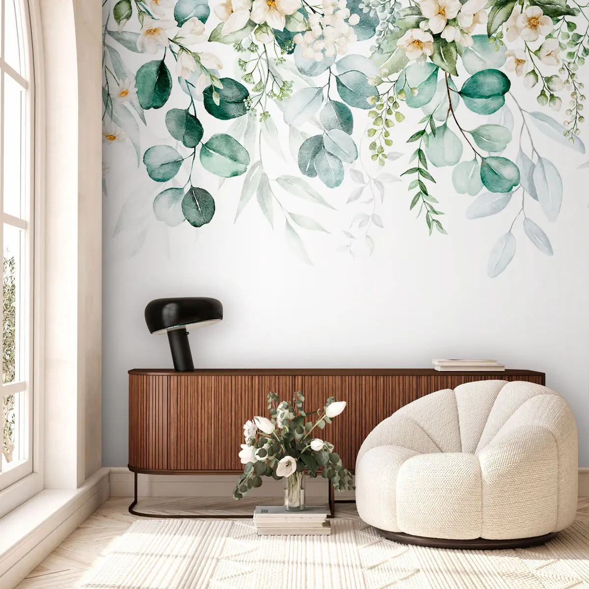 murales de pared Ilustración con hojas verdes, flores blancas, peonía y ramas u96063
