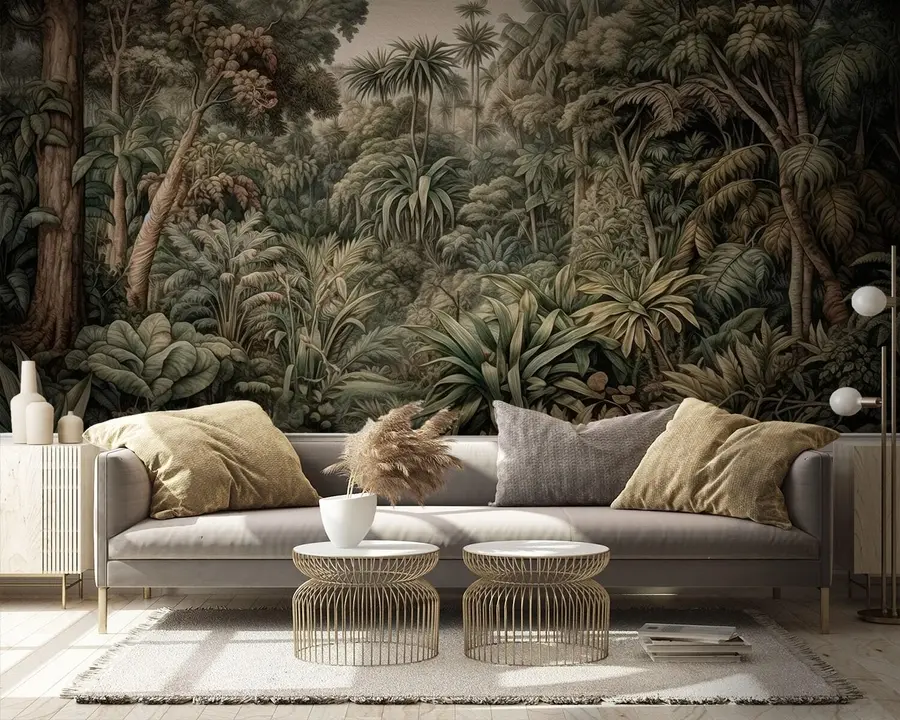 murales de pared Hermosa selva verde abstracta con hojas tropicales u96093