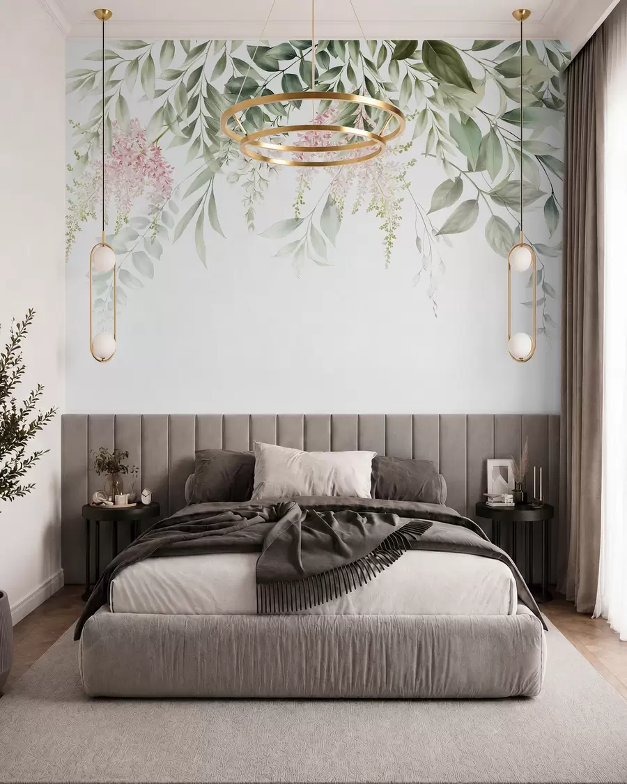 murales de pared Follaje con flores rosas u95923