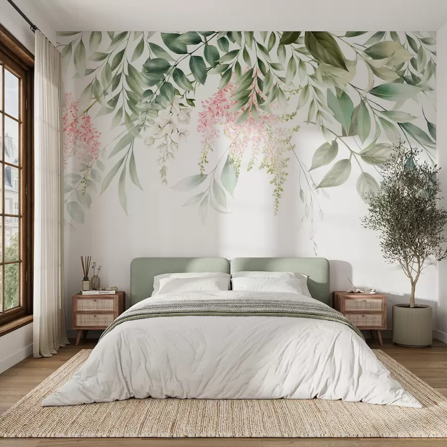 murales de pared Follaje con flores rosas u95923