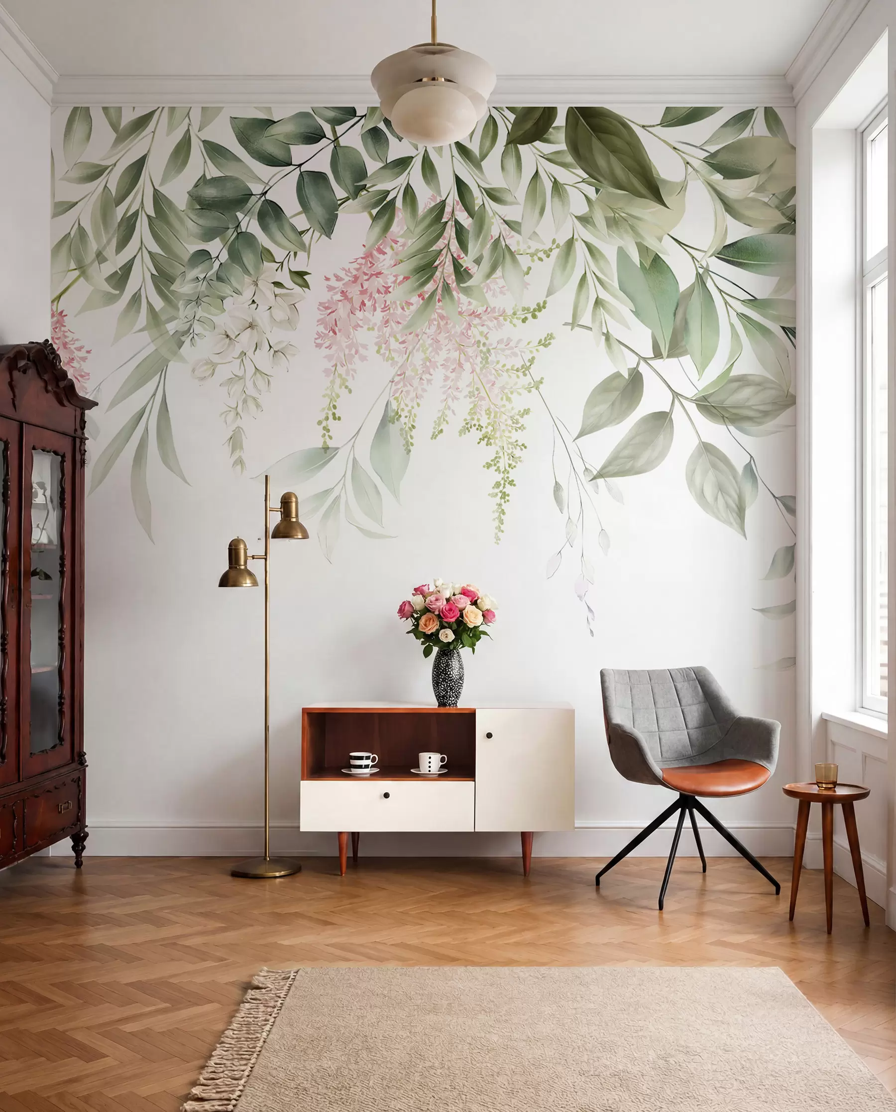 murales de pared Follaje con flores rosas u95923