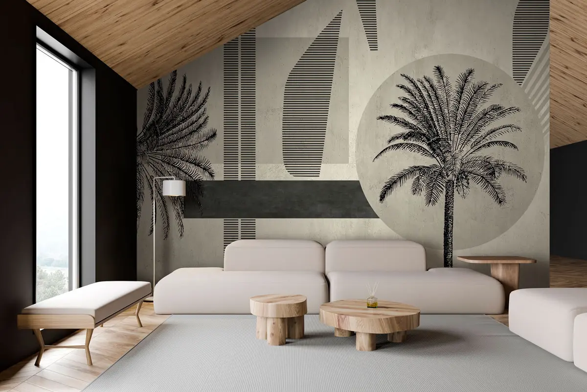 murales de pared Papel pintado moderno con palmeras y formas geométricas. u96196