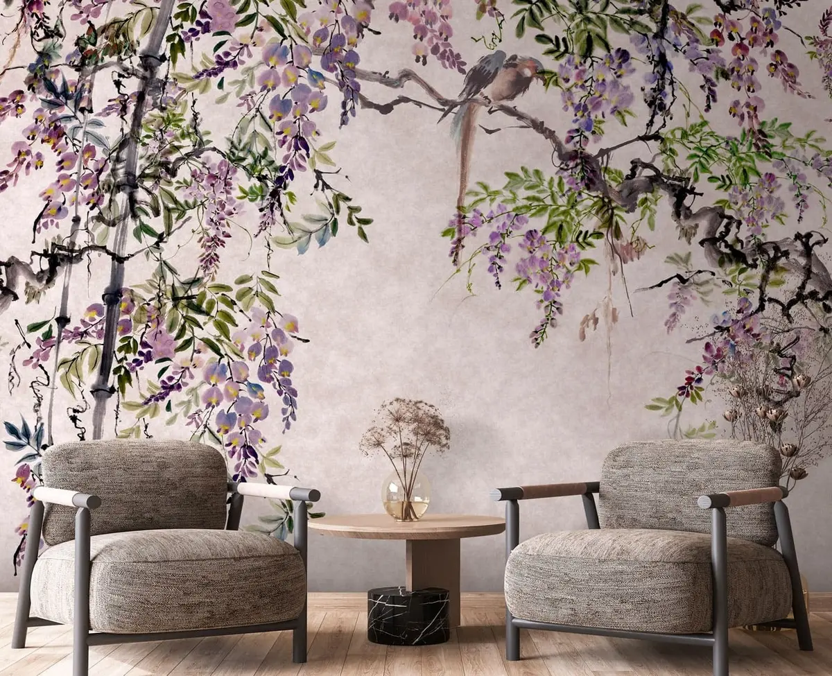 murales de pared Wisteria flores de glicinia en estilo vintage u94621