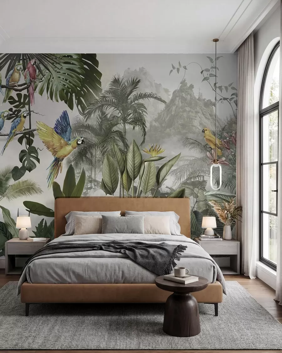 murales de pared Loros entre hojas de palmera u95693