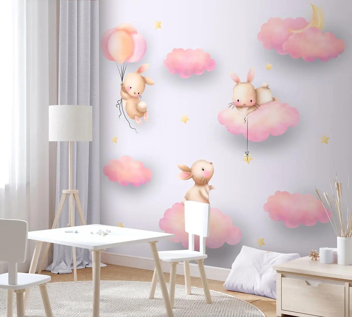 murales de pared Conejitos en las nubes al estilo infantil. u96613