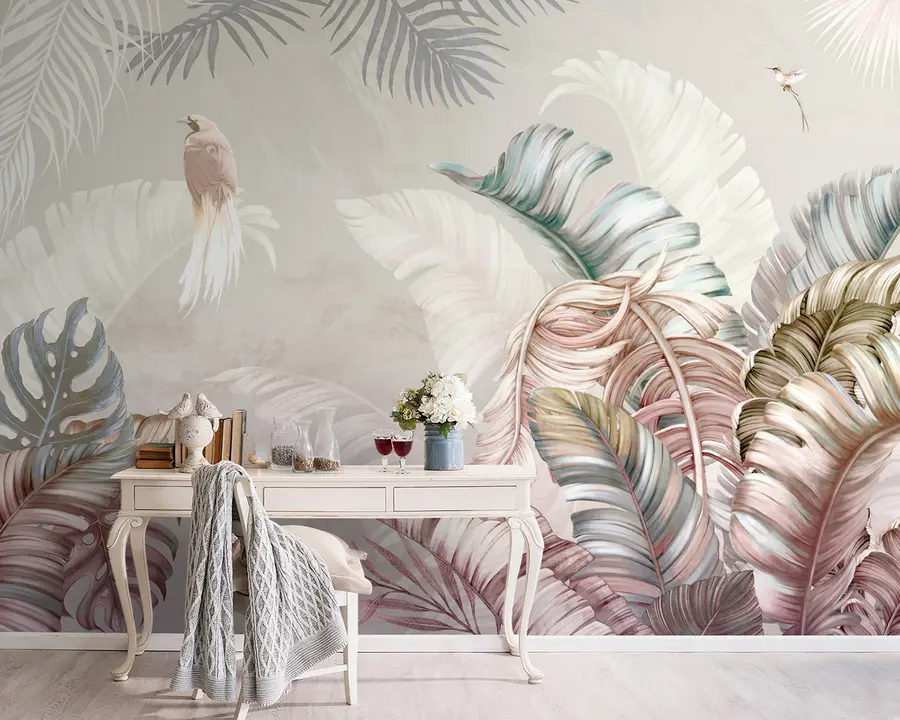 murales de pared Ilustración tropical con hojas de plátano y pájaros u96254