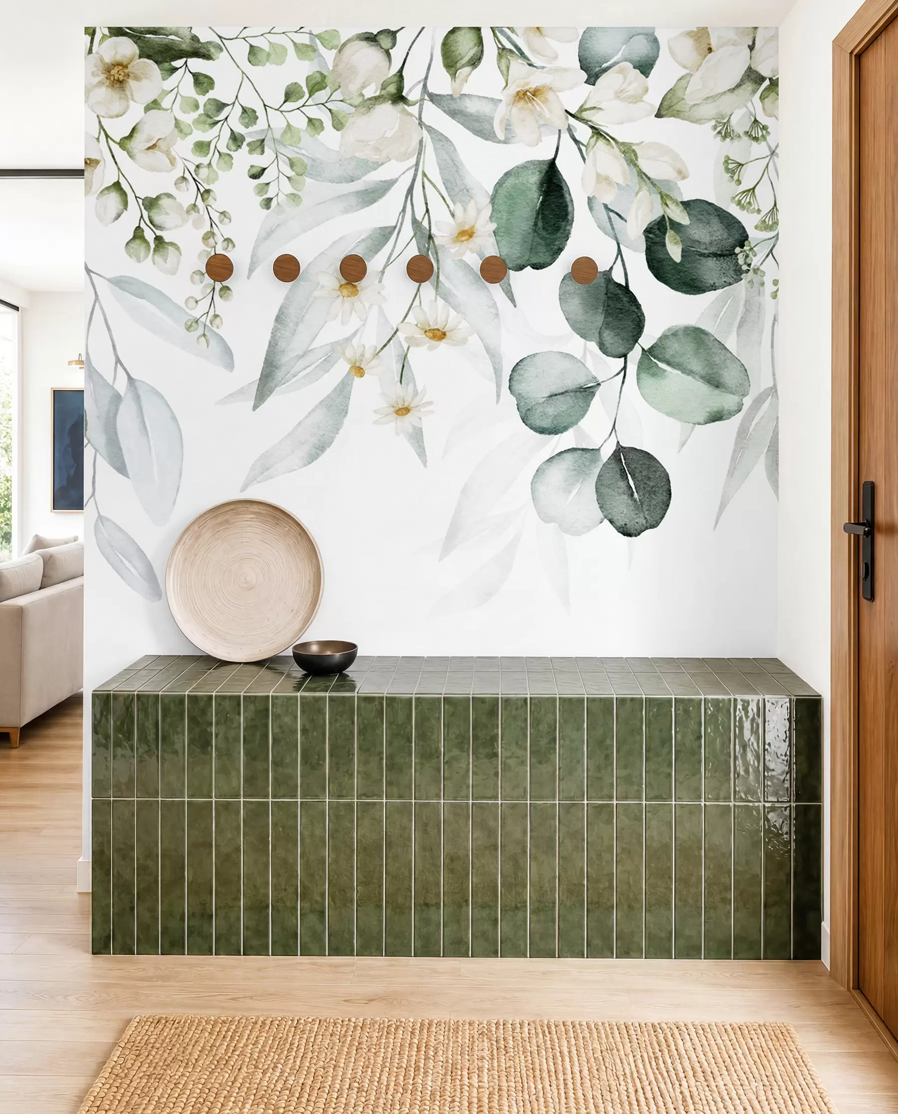 murales de pared Acuarela hojas verdes con flores u96336