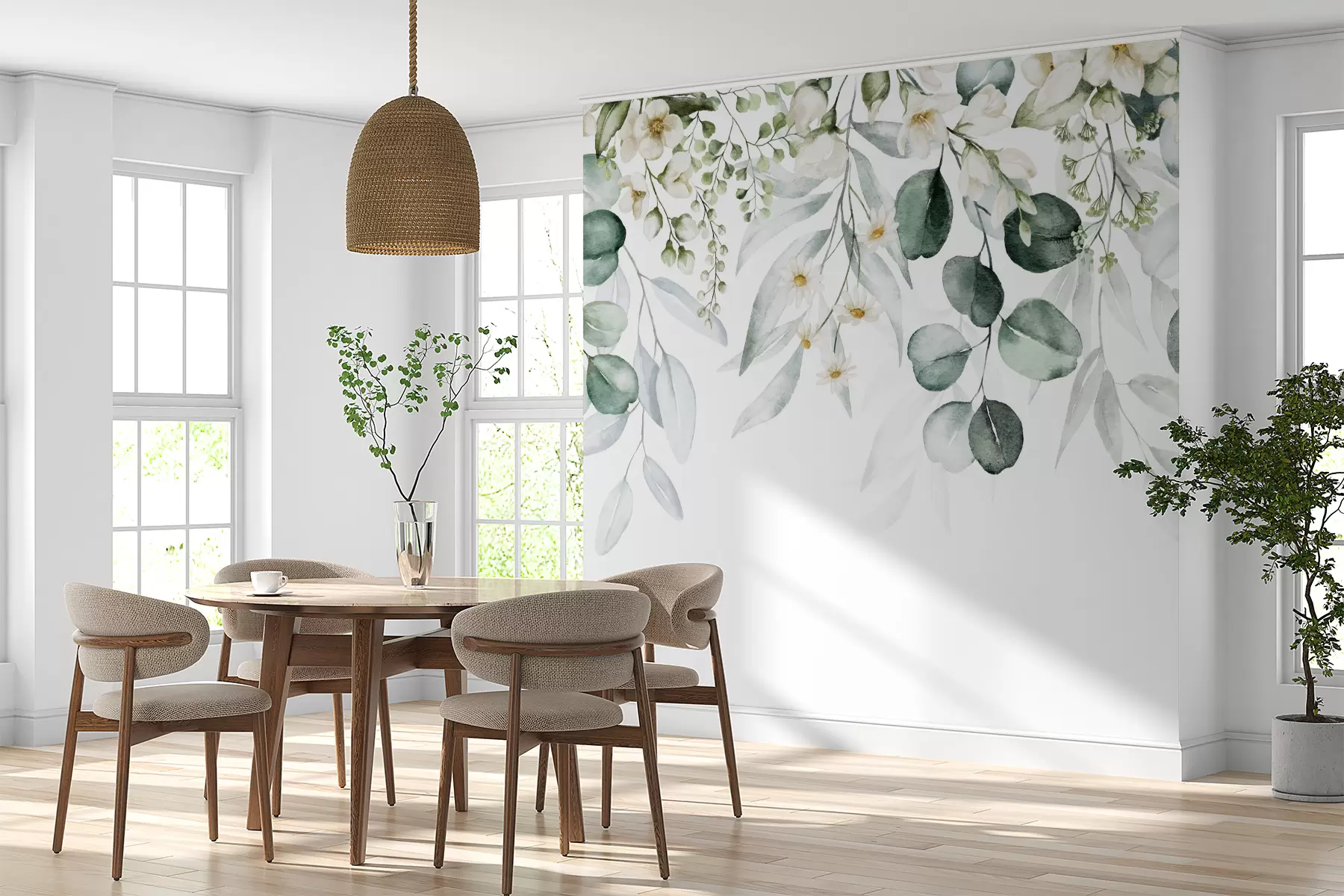 Murales de pared Acuarela hojas verdes con flores. u96336 murales de pared Acuarela hojas verdes con flores. u96336