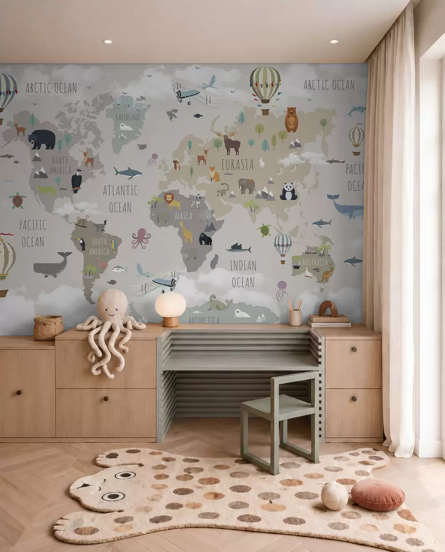 murales de pared Mapa mundial con animales y globos u96461