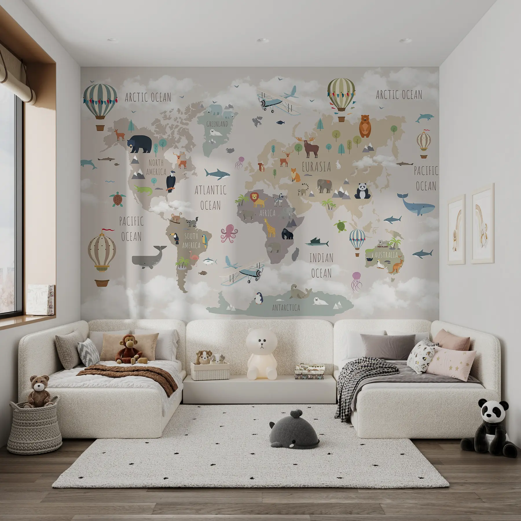 murales de pared Mapa mundial con animales y globos u96461
