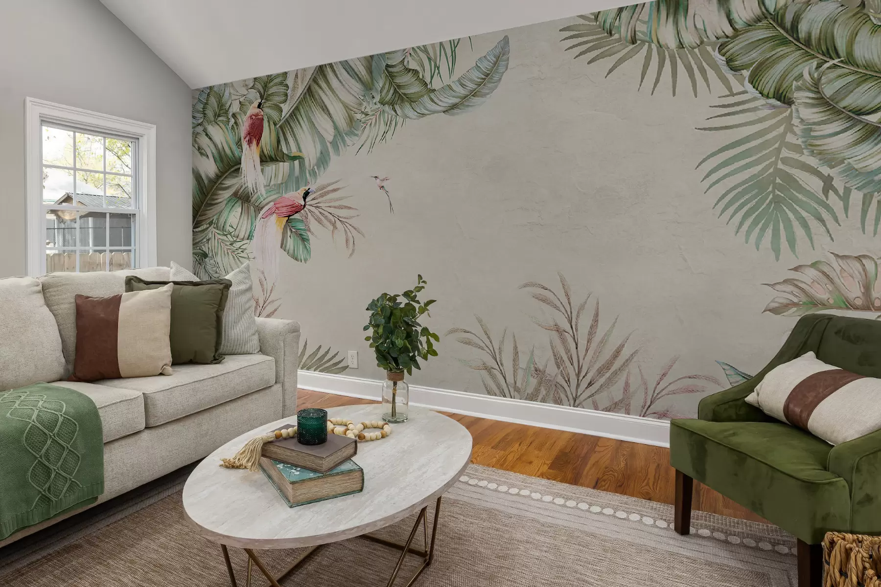 murales de pared Plantas tropicales y pájaros sobre fondo texturizado u96550