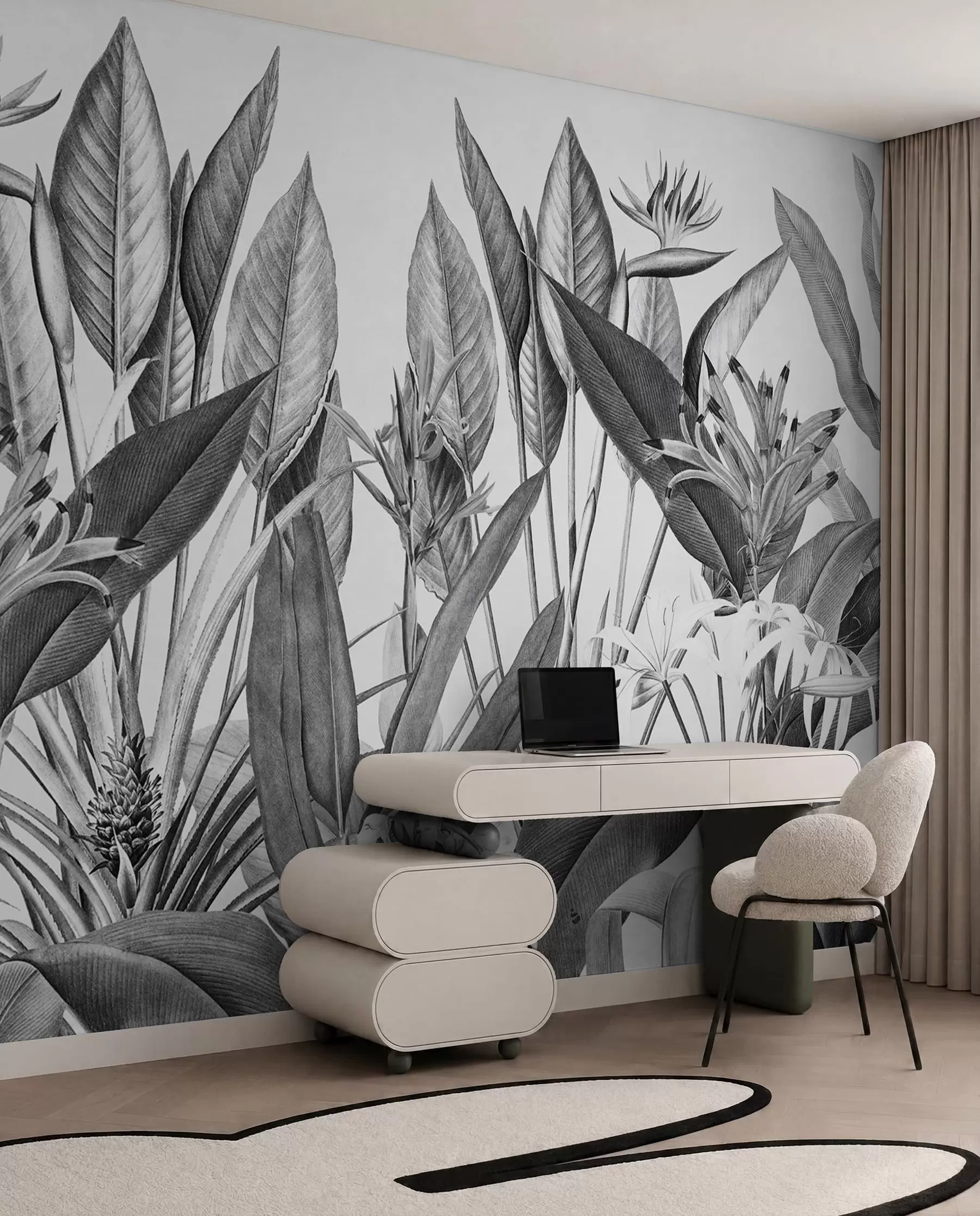 murales de pared Plantas de la selva tropical color blanco y negro u96833