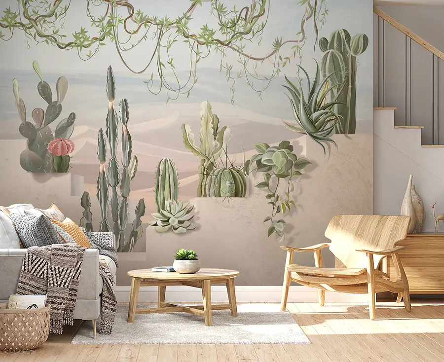 murales de pared Papel pintado de naturaleza en 3D con cactus y vistas tropicales u96445