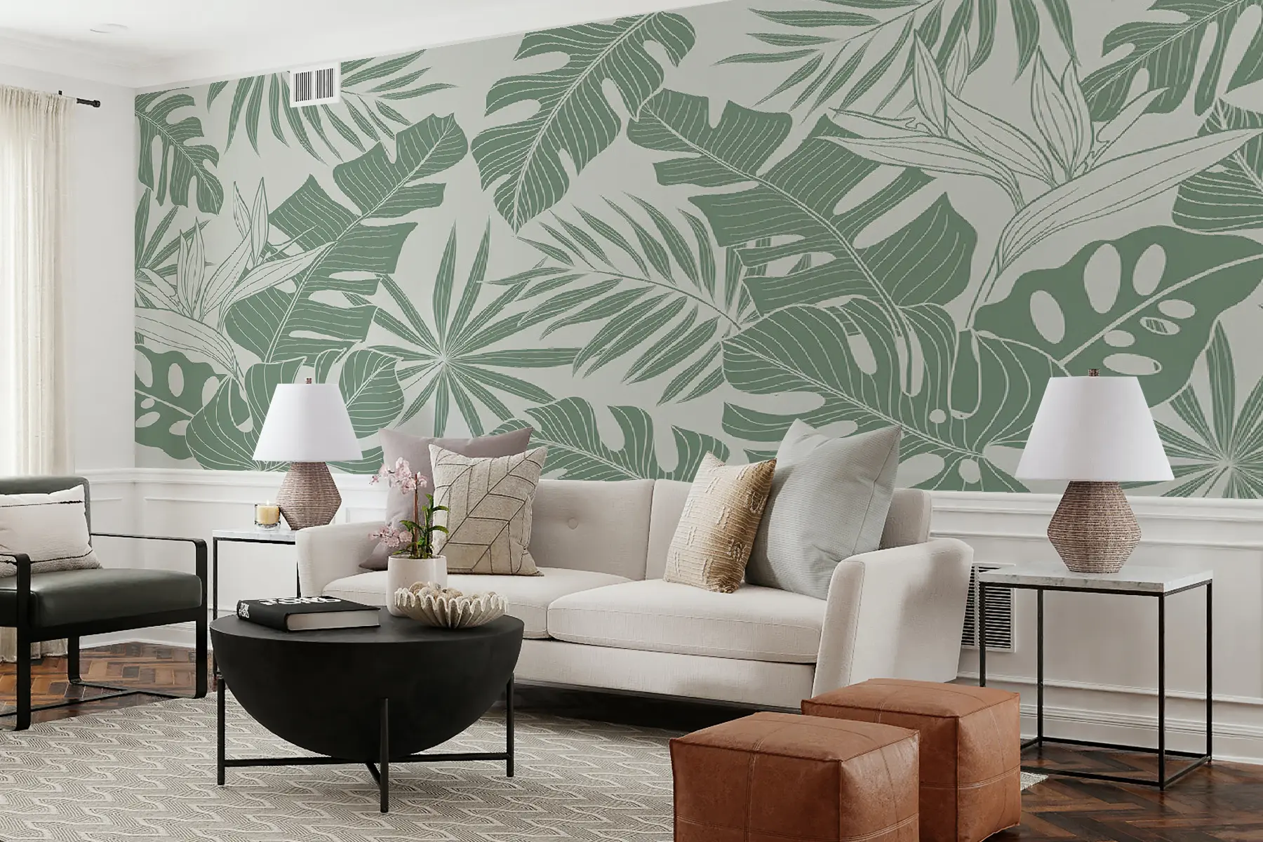 murales de pared Hojas de palma Monstera en un mínimo de verde pálido. u96909