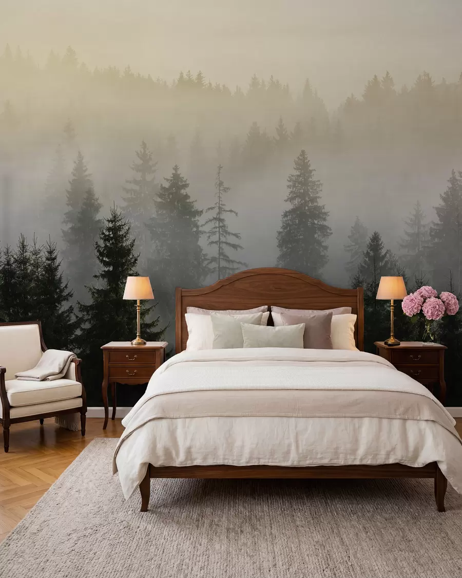 murales de pared Silueta de un abeto oscuro rodeado de niebla u96999