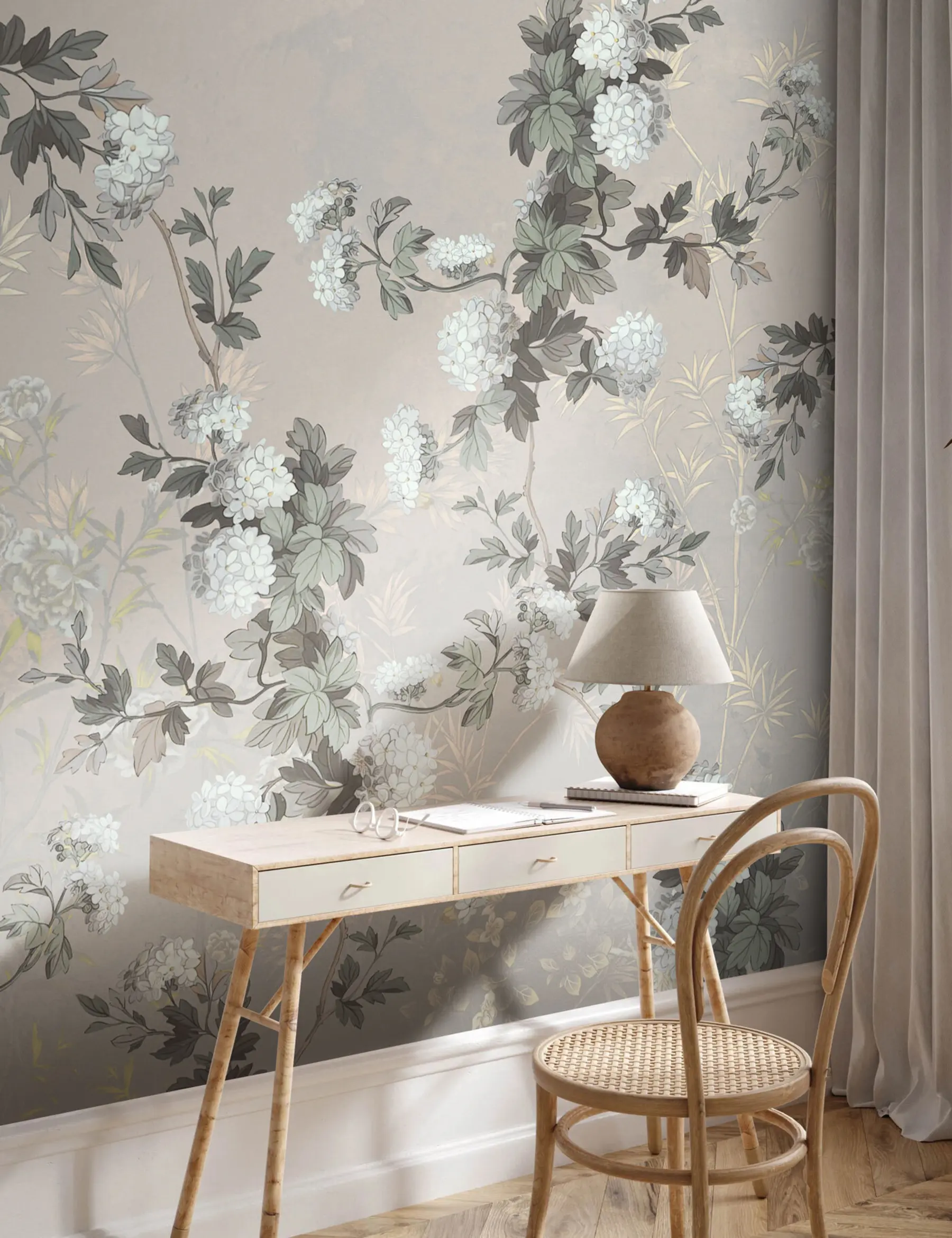 murales de pared Arbustos frágiles con flores blancas, estilo francés. u97047