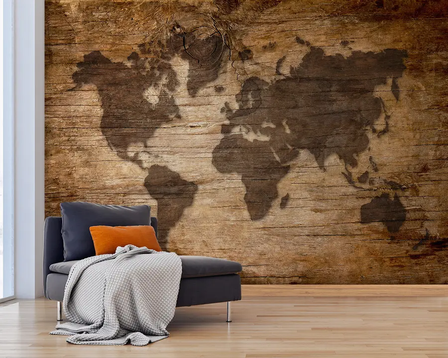 murales de pared Mapa mundial sobre fondo de madera u96820