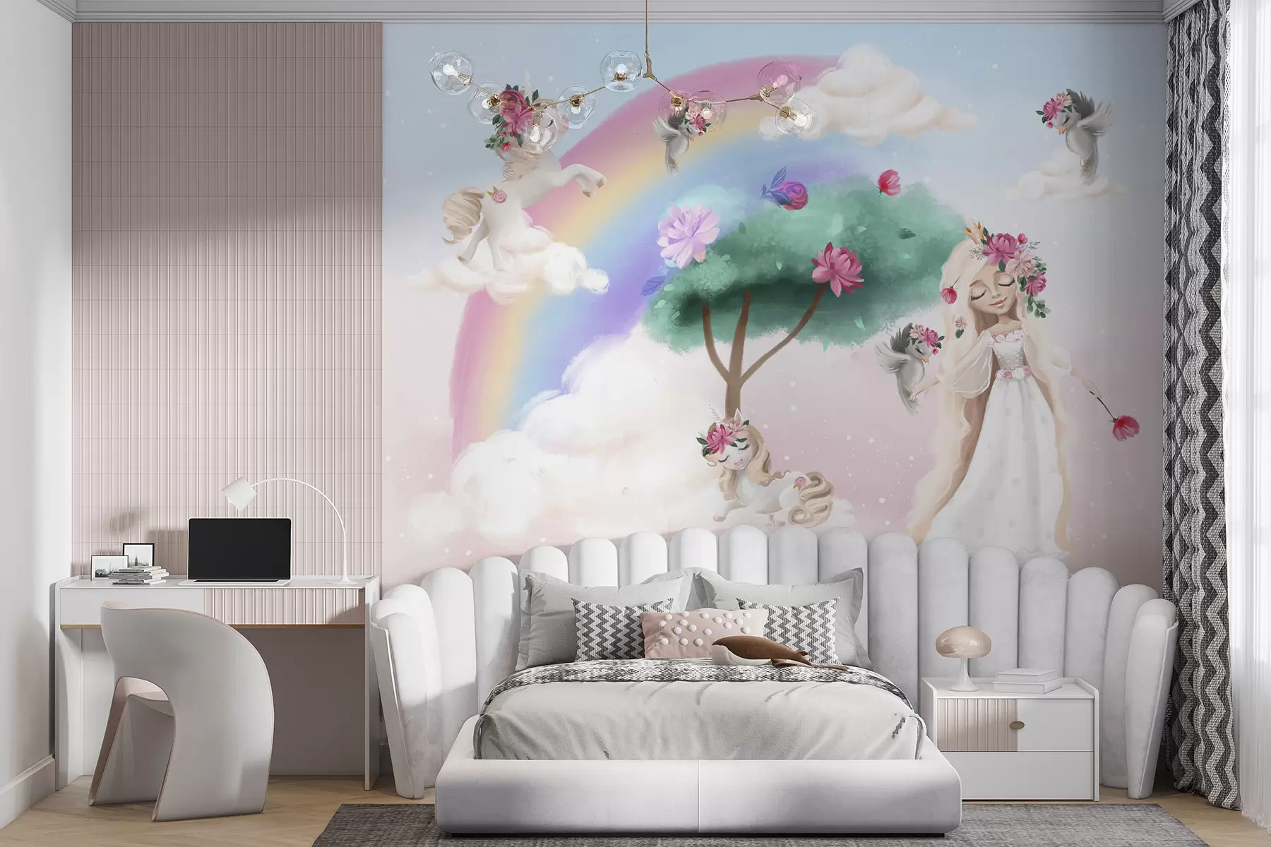 murales de pared Princesa con unicornio en un mundo de cuento de hadas u96869