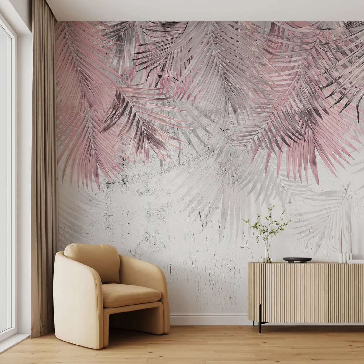 murales de pared Hojas tropicales rosadas en estilo grunge u93843v2