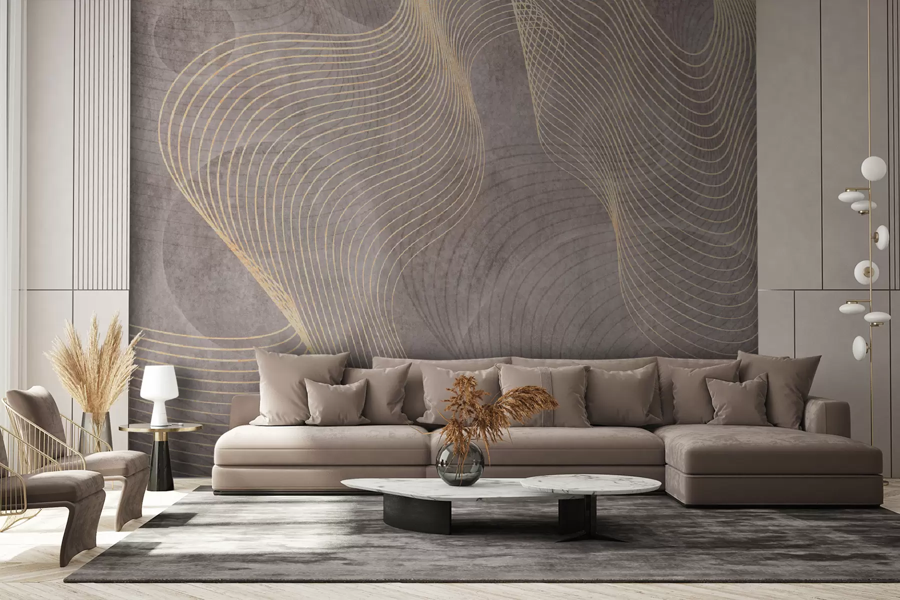 murales de pared Líneas onduladas en colores arena y beige u97469
