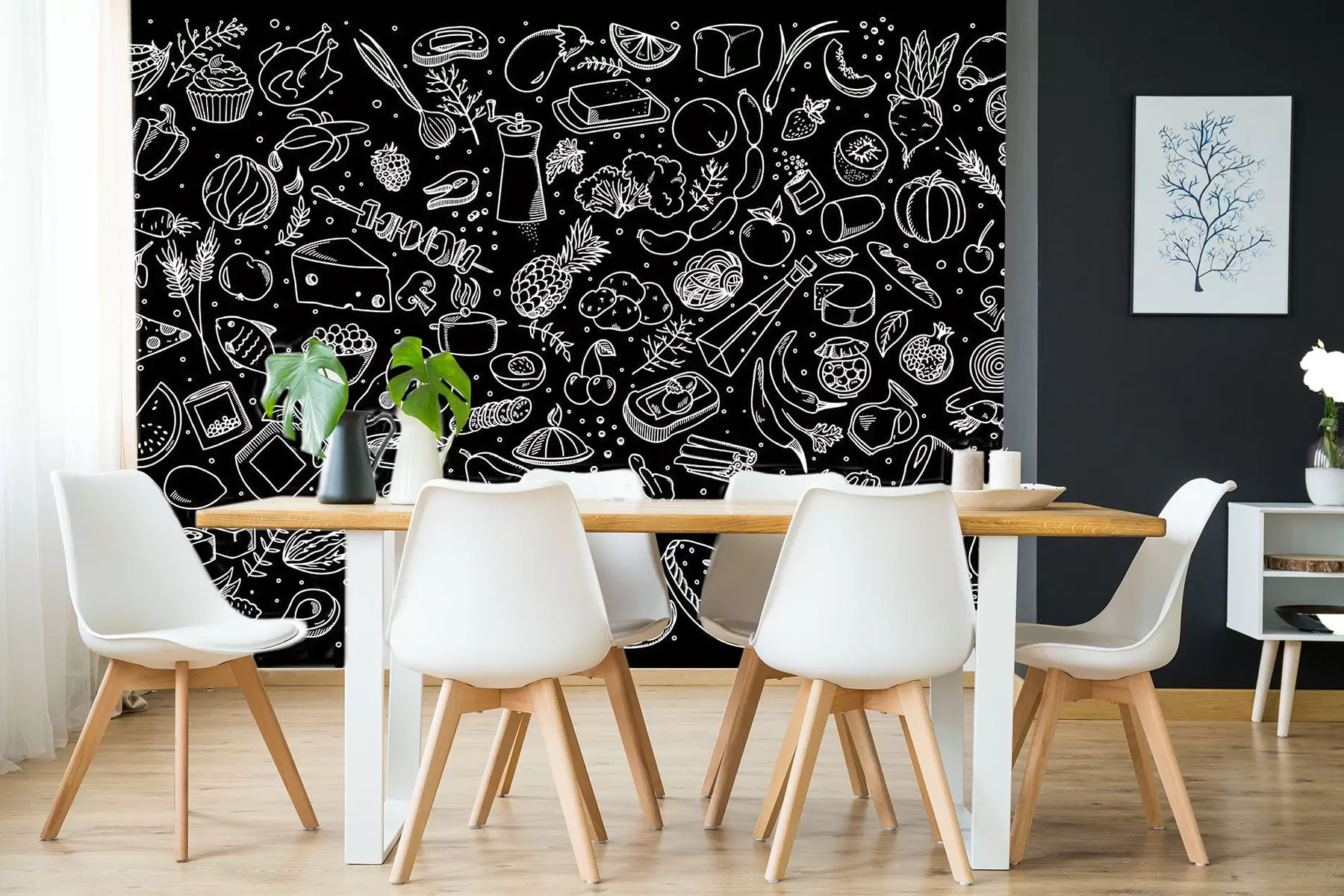 murales de pared Contornos de comida sobre un fondo negro u97432