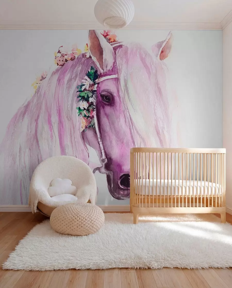 murales de pared Caballo azul con flores en la crin en tonos morados u93591v1