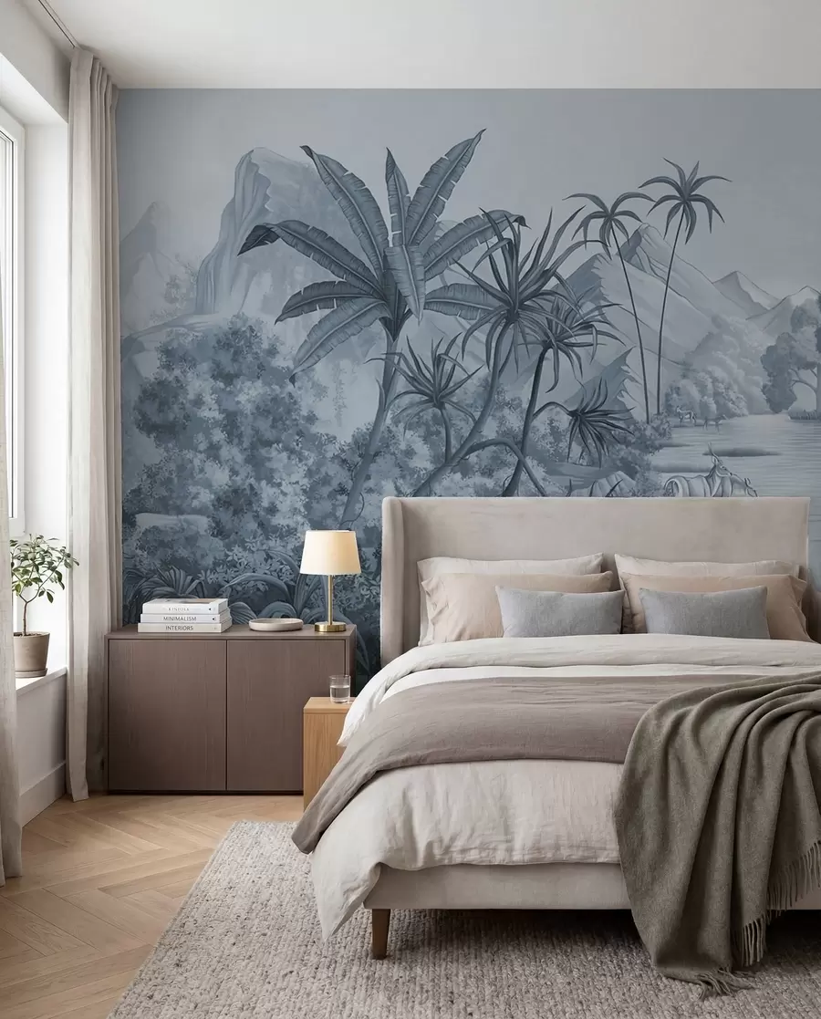 murales de pared Trópico blanco y negro en tonos azules u59040v2