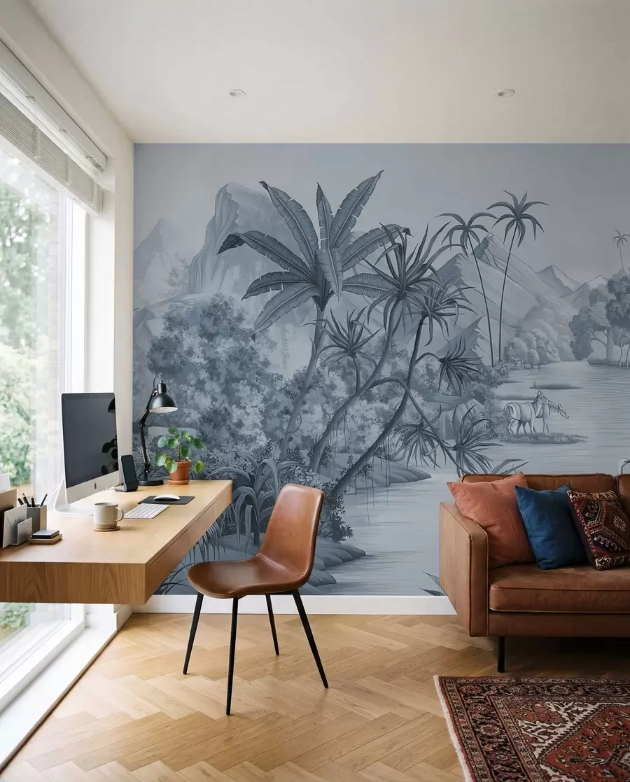 murales de pared Trópico blanco y negro en tonos azules u59040v2