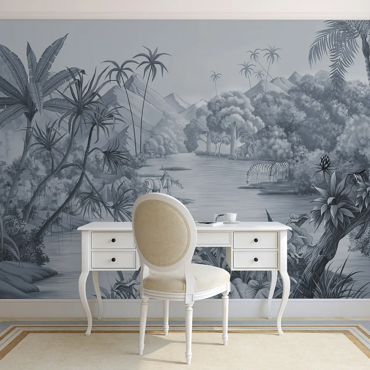 murales de pared Trópico blanco y negro en tonos azules u59040v2
