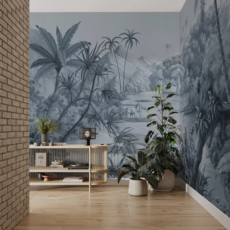 murales de pared Trópico blanco y negro en tonos azules u59040v2