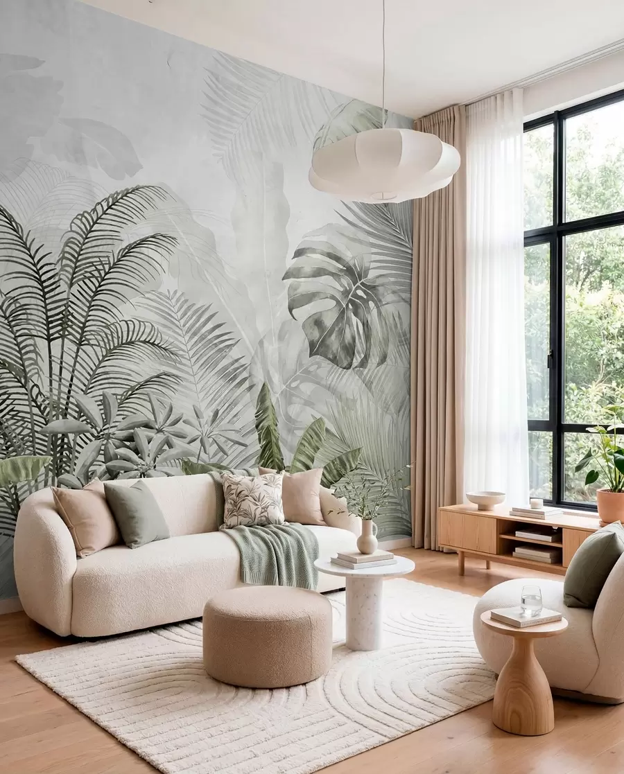 murales de pared Palmeras de color gris en colores verdes u71284v3