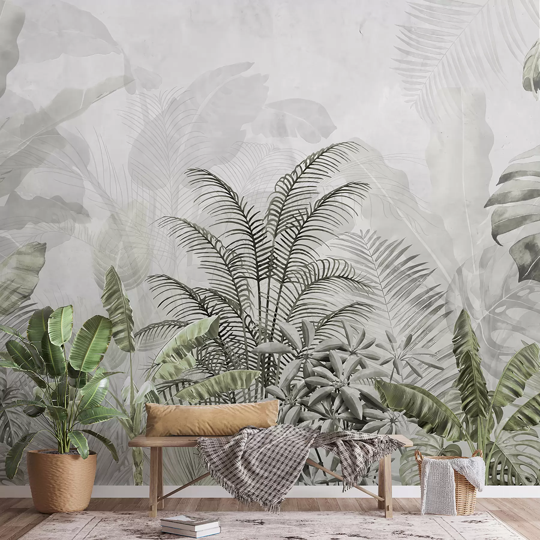 murales de pared Palmeras de color gris en colores verdes u71284v3